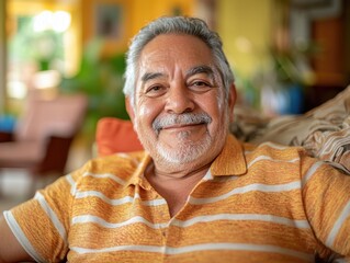 A person relaxing on a sofa with a happy expression, suitable for use in lifestyle or wellness content