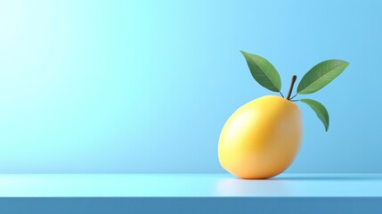 Poster - Single yellow fruit with green leaves on a blue background.