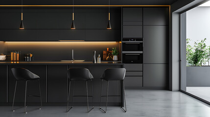 Modern minimalist black kitchen with gold accents, evoking a sleek and sophisticated atmosphere for contemporary home design. 
