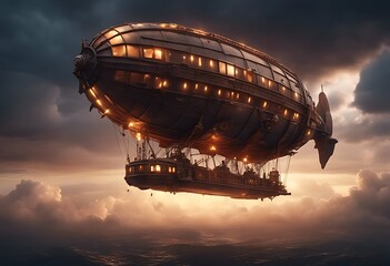 Wall Mural - huge airship evening steampunk backdrop fantasy lights sky stormy beautiful fantastic illustration 3d wallpaper transportation light glow storm grey gas fluffy retro helium