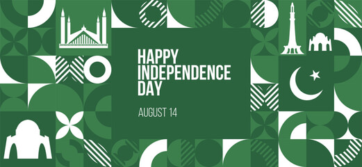 Wall Mural - Happy Independence Day Pakistan Banner. August 14 Pakistani independence day greeting card design. Modern pattern, poster template. Vector Illustration.