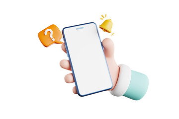 3d rendering of a cute cartoon character holding a smartphone with an orange question mark icon next