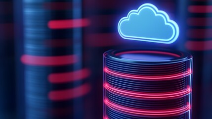 Poster - Futuristic data server with neon cloud icon, representing cloud computing technology and modern data storage solutions.