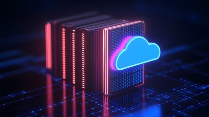 Poster - Futuristic data server with neon cloud symbol representing cloud computing, data storage, and modern technology infrastructure.