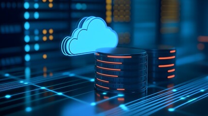 Poster - Futuristic data storage concept with cloud computing symbol and server hardware illuminated in blue and orange lights.