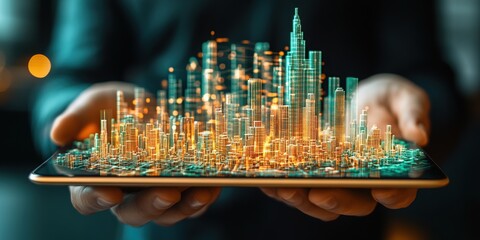 Poster - Holographic Cityscape Displayed on a Tablet in a Futuristic Urban Environment