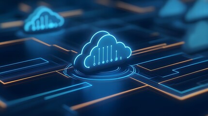 Futuristic digital cloud network representation in neon blue, highlighting technology and data transfer across virtual connections.