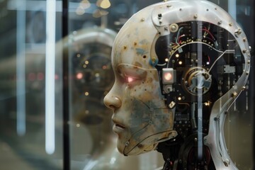 Aufkleber - Mechanical robot head with numerous gears attached, showcasing intricate design and advanced technology., Machine learning models, AI generated