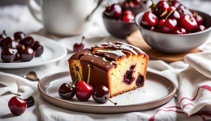 Wall Mural - Marble Pound Cake, Cherries and Chocolate, cutting board on a white linen tablecloth
