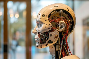 Aufkleber - A close-up of a robotic head adorned with a variety of gears, Machine learning models, AI generated