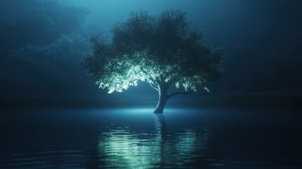 Canvas Print - Solitary Tree in a Foggy Night