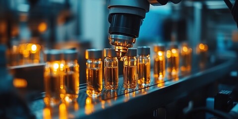 Poster - Technology Laboratory with Robotic Arm and Orange Liquid Bottle
