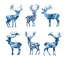 Sticker - Azure roe deer color ink drawing vector illustrations. Antlers hoofed fur herbivorous natural untamed woodland creature animal graceful intricate pattern, artwork isolated on white background