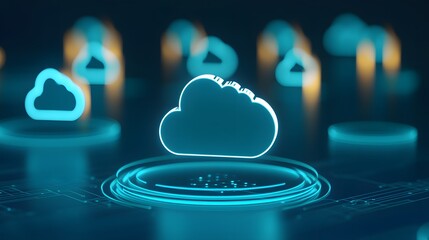 Poster - Futuristic digital illustration of cloud computing technology, featuring glowing icons and a dark, blurred background.