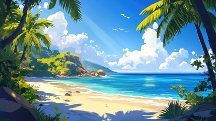 Wall Mural - Vector illustration of a cartoon tropical beach with palm trees, clear blue water, and bright sunshine