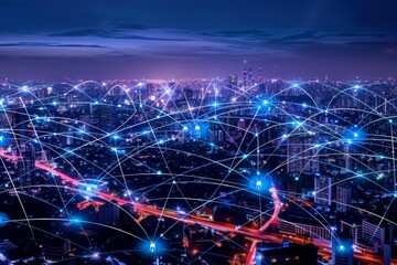 Poster - Internet of Things connectivity, Cityscape illuminated by interconnected dots at night, Ai generated