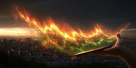 Poster - AI Generative Dynamic Night Scene with Tablet and Digital Light Streams