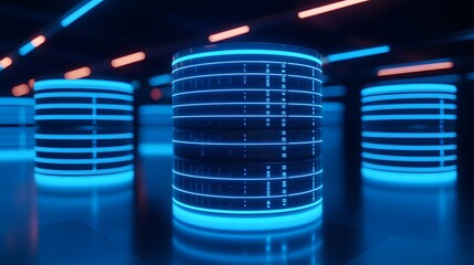 Poster - Futuristic glowing server racks in a data center with blue neon lights, representing cloud computing and technology infrastructure.