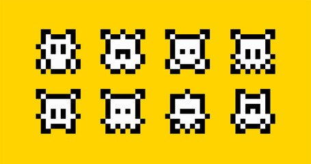 Poster - 8-bit space arcade game icons. Pixel Art UFO aliens character icons set in retro video game style vector assets
