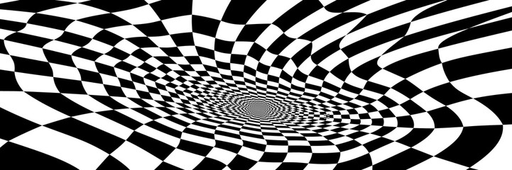 Sticker - Abstract Black and White Pattern with Tunnel. Contrasty Optical Psychedelic Illusion. Smooth Checkered Spiral and Chessboard in Perspective. Raster. 3D Illustration