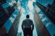 © Bold24 - Powerful businessman looks up at the sky from between skyscrapers. Business themed concept image.