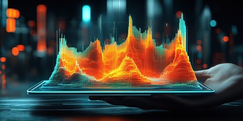 Poster - Futuristic Data Visualization Displayed on a Tablet in a Dynamic Night Scene
