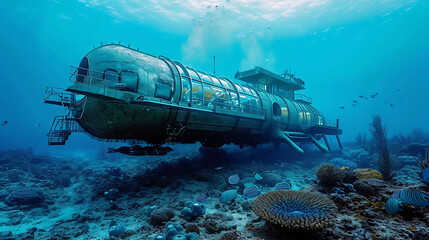 Wall Mural - An underwater research station equipped with advanced technology and observation windows