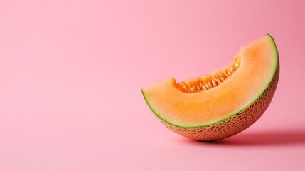 Sticker - A juicy slice of cantaloupe melon on a pink background.