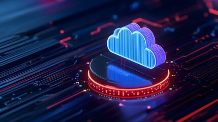 Futuristic neon-lit cloud icon on a circuit board, representing cloud computing technology and data storage solutions in a digital world.