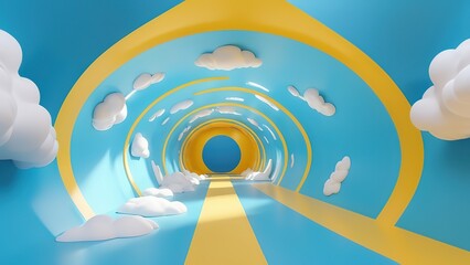 Poster - 3d render, minimal blue yellow background with white clouds flying out the tunnel