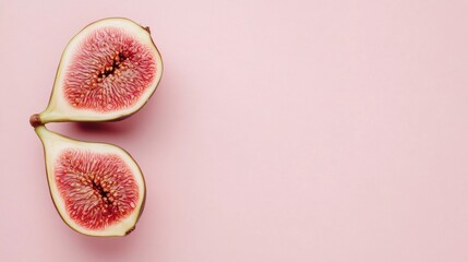 Wall Mural - Two halved figs on a pink background with copy space.