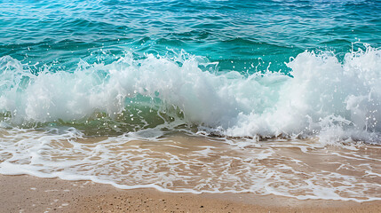 Blue turquoise white foamy wave crashing on sandy beach, summer vacation and relaxation. 
