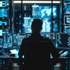 Poster - Back view of an expert in cyber protection.