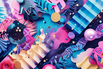 Abstract shapes, blue, pink and gold, a playful and modern design for a bright and happy mood. 
