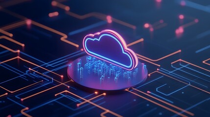 Poster - Neon cloud computing concept with futuristic technology network. Digital data storage and online innovation showcase.