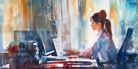 Poster - Business girl depicted in a watercolor office.