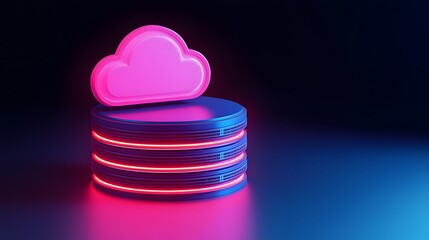 Poster - Neon cloud data storage concept with glowing server and cloud icon, futuristic digital data management and technology.