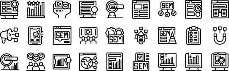 Poster - SEM icons set. Line icons representing a marketing team developing a successful search engine marketing - sem - campaign