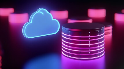 Poster - Neon cloud storage and database concept with illuminated icons representing modern data storage technology. Bright neon colors, futuristic design.