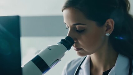 Aufkleber - This dedicated woman in a lab coat examines samples under a microscope, showcasing her meticulous work