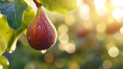 Canvas Print - Ripe fig with dew drops hanging from a branch.