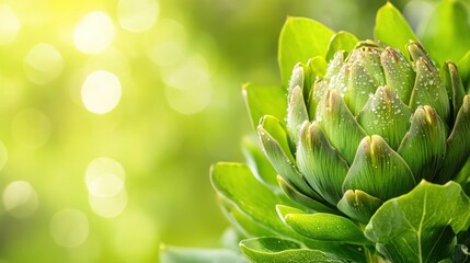 Wall Mural - Fresh artichoke bud with dew drops, blurred green background.