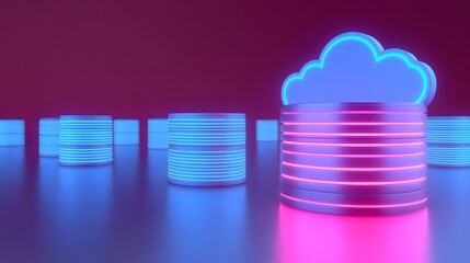 Poster - Neon-lit data storage and cloud server concept with stacks of databases illuminated in pink and blue against a dark background.