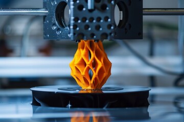 Poster - Cutting-edge 3D printing machine producing complex objects, revolutionizing the manufacturing industry, Digital printing innovations, AI generated