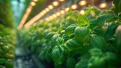 Poster - This Vibrant basil plants flourish indoors under glowing artificial lights.