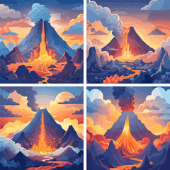 Wall Mural - dusk volcanic explosion cartoon vector scenes. molten mountain boulder craggy eruptions magma mist e