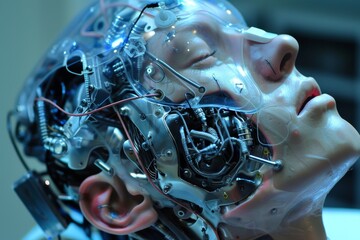 Poster - A cutting-edge android with advanced technology, showcasing the future of artificial intelligence, Cybernetic implants and enhancements, AI generated