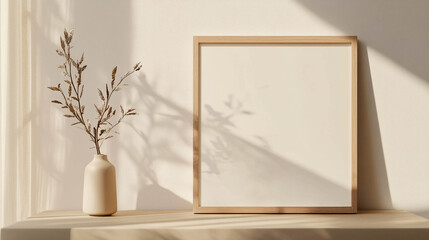 Light beige empty living room with a wooden frame on the wall 