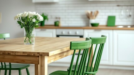 Stylish bamboo dining set with green accents in a bright kitchen, eco-friendly furniture, modern sustainability