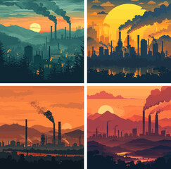 Poster - Factory skyline sundown smokestacks animated vector concepts. Contamination chimneys plants trees dust dusk cityscape industry panorama pollution production illustrations